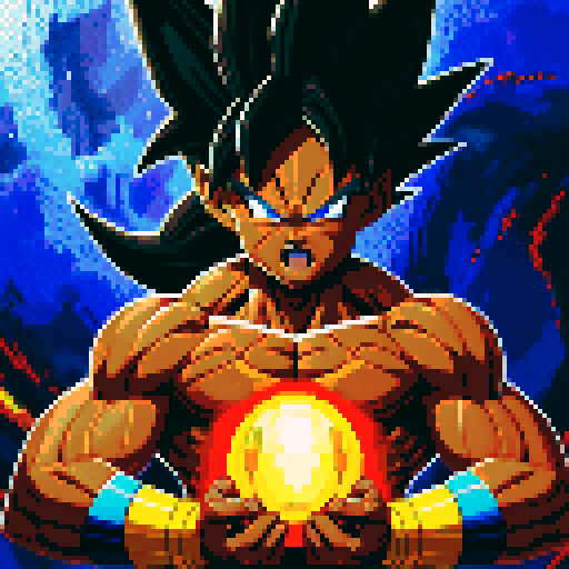 Onyx-skinned, African American warrior with a glistening obsidian complexion, emanating an aura of strength and resilience, inspired by Dragon Ball Z and Marvel's Venom, depicted in captivating pixel art with vibrant sRGB colors