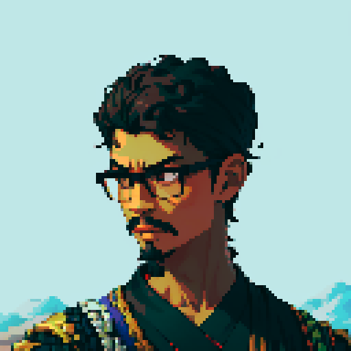 Southeast Asian man, short curly hair, round glasses, tanned, goatee, diamond shaped face, black eyes, wearing a robe