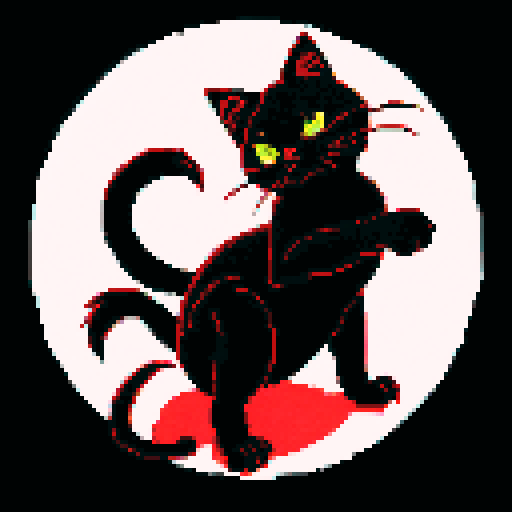 Scary black cat with sharp claws, and arched back, pixel art, sRGB