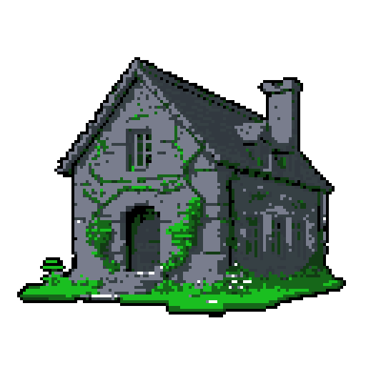 2d grey stone house in an ancient english style. Old and crumbling but still upright. Green vines crisscross it. Usable as an asset (clear, thick lines and a white background). Put a black stroke around the composition