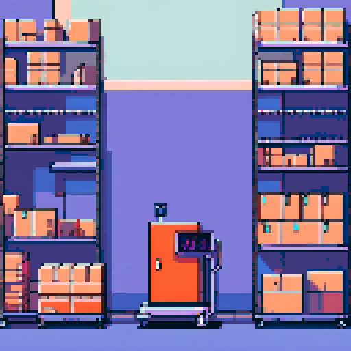 warehouse workstation with a conveyor belt and trolley filled with boxes, pixelated details, vibrant sRGB colors
