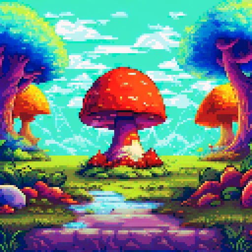 fantasy mushroom hut with fairies flying, whimsical pastel-colored leaves, light shining through trees, landscape