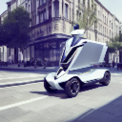 Peugeot's e-ludix prototype, a sleek and futuristic electric scooter, glides through a vibrant cityscape, its angular frame and bold lines perfectly captured in a striking landscape portrait.