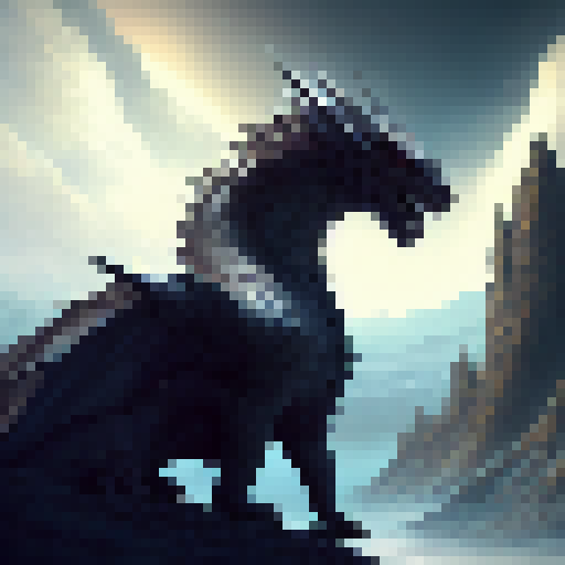 Imagine a majestic white dragon, with shiny and gleaming scales. It is lying on a hill overlooking a medieval-style walled city, located in a green valley surrounded by mountains. The dragon watches the city calmly, watchful but not threatening. The image should have a 8-bit pixel art style, with a detailed and texture-filled design.