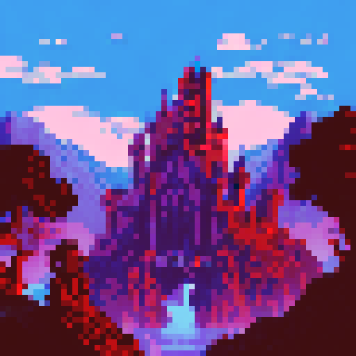 a background layer for my pixel art game called Grim Vampire Hunters, picturing a dark silhouette of a castle atop a mountain, overseeing dark woods, pixel art, foggy, mysterious, landscape portrait