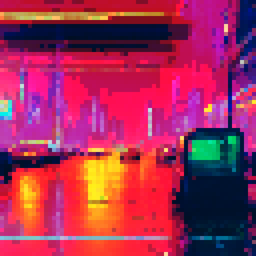 Neon-lit cityscape, towering skyscrapers, bustling streets, futuristic vehicles, rain-soaked pavement, holographic advertisements, glitched-out billboards, vibrant graffiti, steam rising from manhole covers, flickering streetlights, augmented reality overlays, ominous dark alleys, reflective glass facades, dystopian skyline, pulsating neon colors, glitched-out glitch art, wireframe city, circuitry patterns, pixelated raindrops, glitched-out cyberpunk art, sRGB color palette, pixel art landscape
