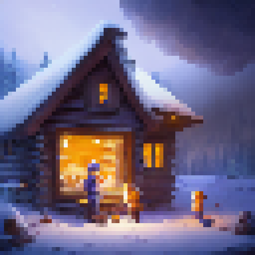 "Create a cozy, hand-drawn illustration featuring a cartoon family gathered around a fireplace in a rustic cabin. The family should be depicted sharing a warm meal, with steaming mugs of cocoa and blankets draped over their laps.
