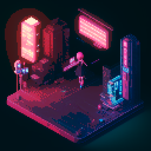 isometric 3D perspective, anime girl hovering in street, Japanese cyberpunk, neon lights, futuristic cityscape, dark colors, pixel art
