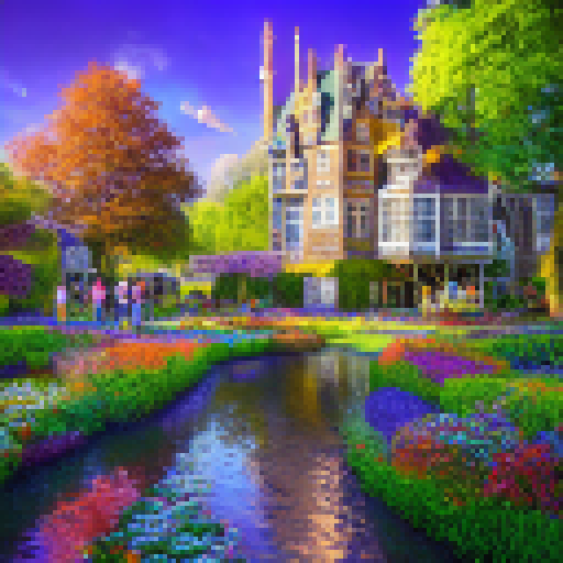 Create a pixel art of Kasteel Keukenhof, featuring vibrant tulip gardens, a flowing river nearby, a moat with a drawbridge, and a clear blue sky overhead.