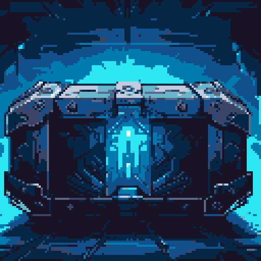 mystery box, stone, metall, shiny, pixel art, sRGB, vibrant colors, glowing lights, intricate patterns
