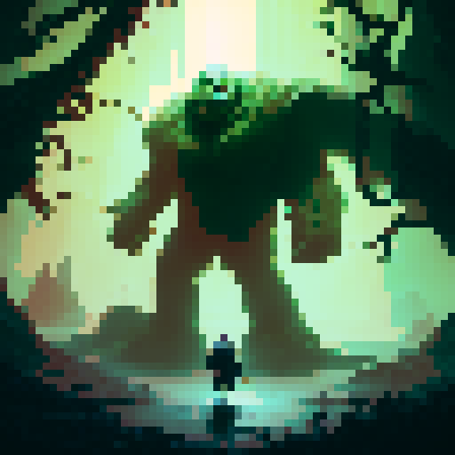  

        "Hulking, green-skinned troll with beady red eyes standing guard in front of a twisted, gnarled tree with ominous roots and branches looming over the foreground, while a dark, misty forest shrouds the background in mystery and danger, all in the style of a classic fantasy RPG"