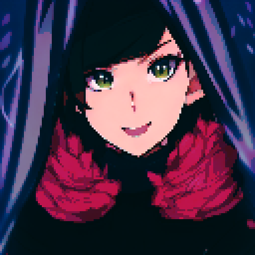 A brown-haired girl with brown eyes smiles as she stands amid blue curtains in a black dress and floating cherry blossom petals