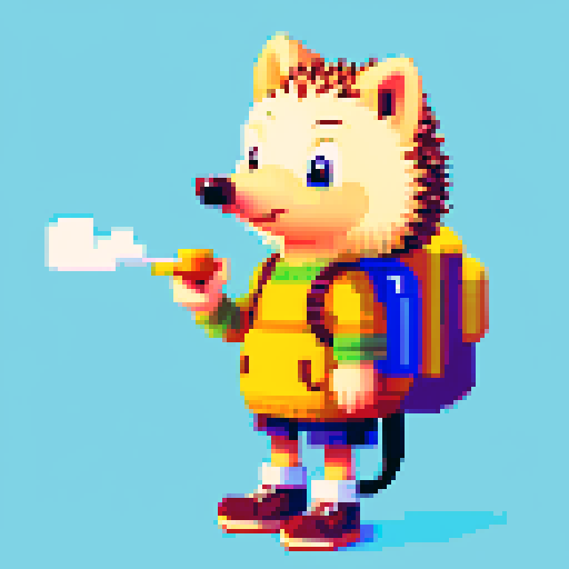 antropomorphic hedgehog with backpack and smoking pipe