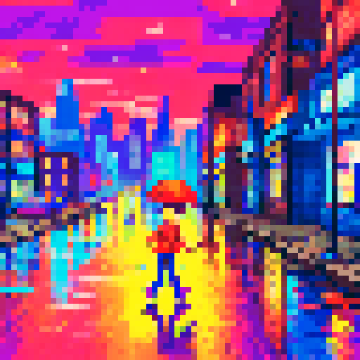 boy with messy hair, strumming guitar, raindrops falling, colorful umbrella, puddles reflecting neon lights, city skyline in the distance, buildings with pixelated windows, wet pavement shimmering, streetlights casting long shadows
