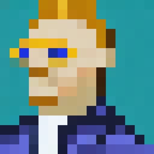 Vincent Van Gogh, king of cryptocurrency, wearing a crown and gold Gucci glasses, adorned in Gucci apparel, captured in a close-up, pixel art portrait with a game icon aesthetic at 16x16 resolution