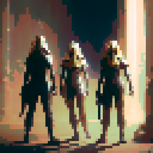 a row of girls looking at the camera in long white t-shirt and golden masks of egyptian kings