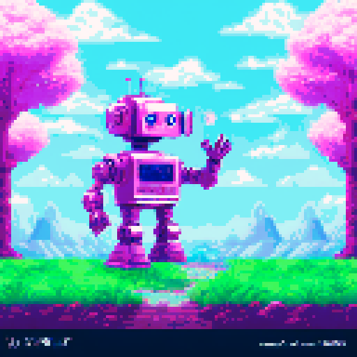 Robot with metallic silver body and glowing red eyes, standing on a grassy bank with pink and white cherry blossom trees in the background, smiling with a square wave mouth in a retro pixel art style