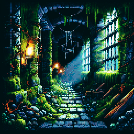 Dark, eerie, moss-covered, torch-lit, dungeon corridor with cobweb-filled crevices, rusty iron bars, and a foreboding, ominous atmosphere, all depicted in pixel art with vivid sRGB colors