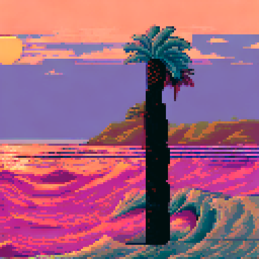 Sunset over the ocean, with waves crashing onto the shore, palm trees swaying in the wind, and a pink and orange sky illuminating the horizon