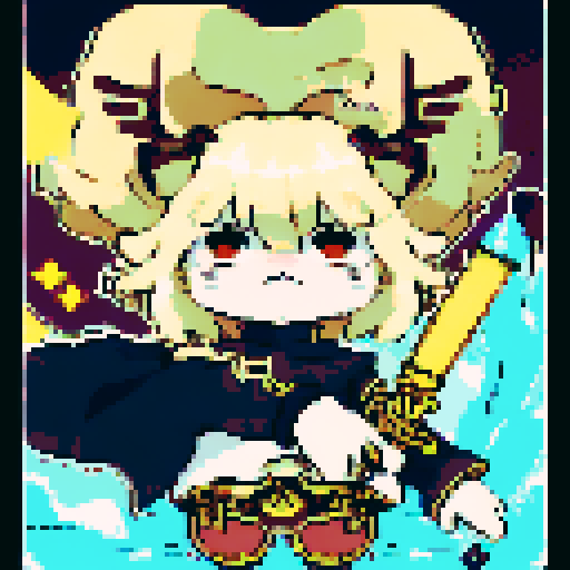 Angel warrior, with flowing golden hair, intense blue eyes, delicate wings, fierce expression, ornate armor, holding a glowing sword, surrounded by ethereal light, in a character portrait, close up, anime style, pixel art