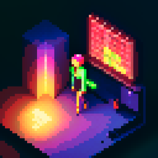 Hacker girl, neon-lit Tokyo behind, coding lines on screen, pixel art style.