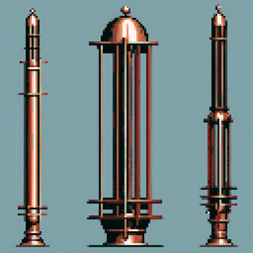 I want a tall vertical copper structure reminiscent of a organ pipe. It should have strange mechanical details that could interlock with each other. I also want this object usable as an asset in a videogame, meaning only one object per image, outlined with a strong black stroke, on a solid-color background.