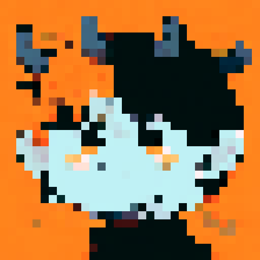 A pixel art portrait of a bull with a neutral expression, featuring a minimalist design with light skin tone, and brown eyes. Set against a solid orange background. The style is reminiscent of early video game characters, with a square aspect ratio.

