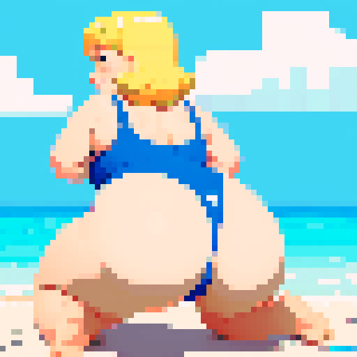 chubby blonde girl in a swimsuit, wide hips, very large butt, facing away, looking back, smiling, kneeling position, pulling swimsuit bottoms down, pixel art, sRGB
