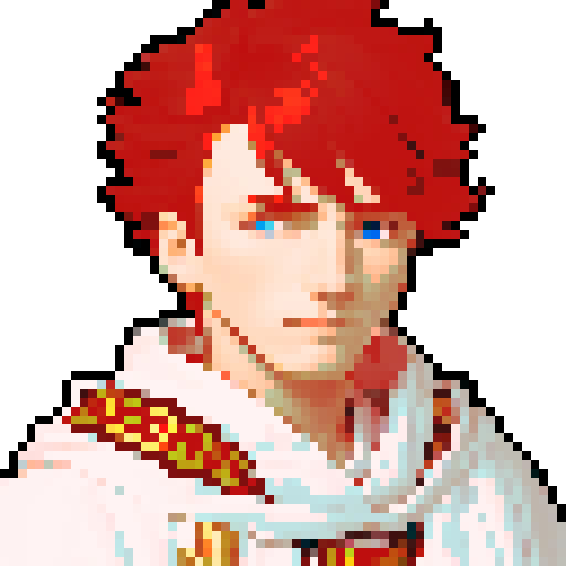 red headed male wizard with regal white robes, adorned with astrological symbols, in a pixel art style with vibrant sRGB colors