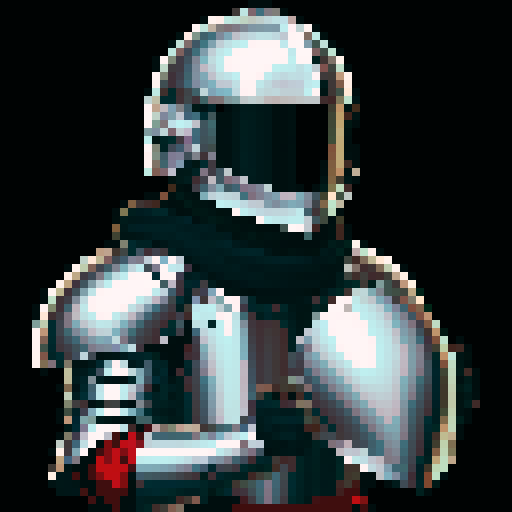 weaponsmith portrait, middle ages, plate armor, helmet, pixel art, non-vibrant colors