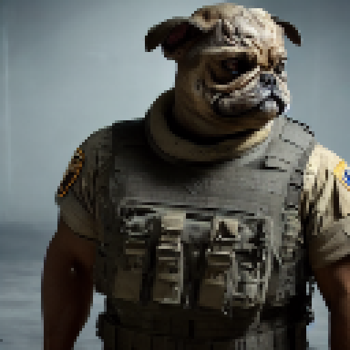 Military bulldog, muscular and fierce, wears a bullet-proof vest and holds a shotgun with a grim face, set in a zombie shooter game with apocalyptic background 