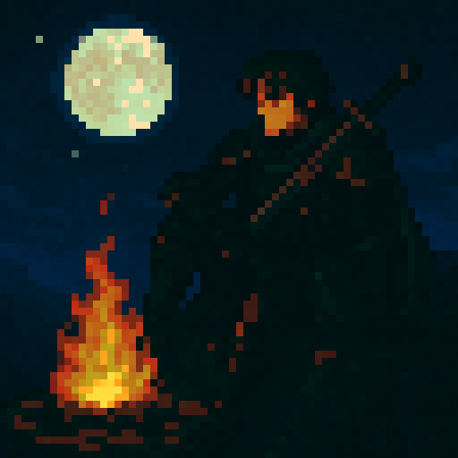 Medium length dark brown hair man, dark black armor, dark green cloak, sitting cliff edge, sword shoulder, nighttime campfire light, full moon, Fire Emblem.