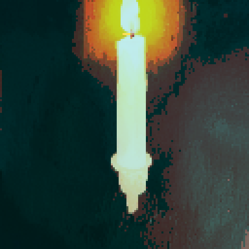 burning candle, flickering flame, vibrant orange glow, melting wax, wisps of smoke, intricate wax drips, intricate pixel art details, sharp edges, vibrant colors, contrasting black background, sRGB color space