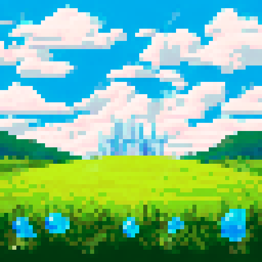 Foamy head, amber liquid, condensation droplets, label peeling off, nestled in a grassy field, surrounded by rolling hills, with a bright blue sky overhead, all in pixelated perfection