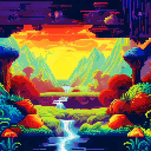 dark, eerie cave with stalactites, glowing mushrooms, and a hidden underground river, rendered in sRGB pixel art with a detailed background showcasing a mysterious and haunting landscape