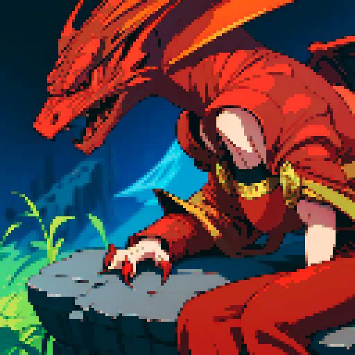 red dragon, vibrant red scales, fierce gaze, sharp claws, majestic wings, lounging lazily, shimmering pile of gold, intricate details, pixelated art style, sRGB color profile