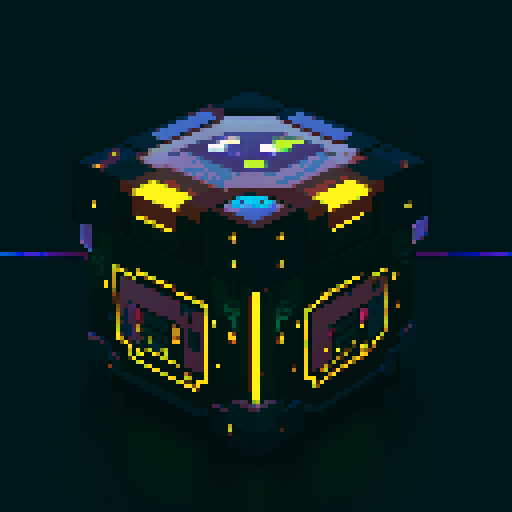 futuristic rectangular lootbox, additional tiers, glowing buttons, intricate details, space stars galaxy glow, pixel art style