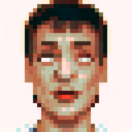 Pixelated close-up portrait of a skillful game icon, featuring vibrant colors and intricate details in 32x32 pixel art style.