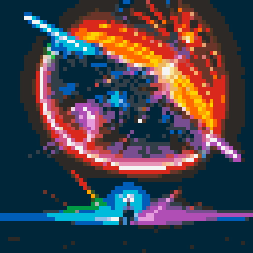 A pixelated Millennium Falcon soaring through a vibrant cosmos, illuminated by the glow of a neon lightsaber duel between Darth Vader and Luke Skywalker, with explosions of pixelated debris creating a mesmerizing display of retro-style Star Wars cover art