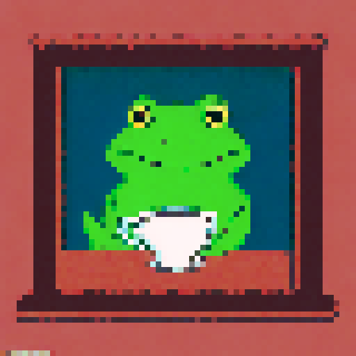 In the cozy ambiance of a dimly lit room, a small, jovial frog perches comfortably upon a plush couch chair, its diminutive size emphasized by the vastness of the furniture. The flickering flames of a nearby fireplace cast a warm glow, enveloping the space in a soft, golden light, creating an atmosphere of comfort and relaxation. With a mug clasped delicately between its tiny webbed fingers, the contented frog takes a sip of steaming coffee, its expression reflecting pure bliss. Grandma house