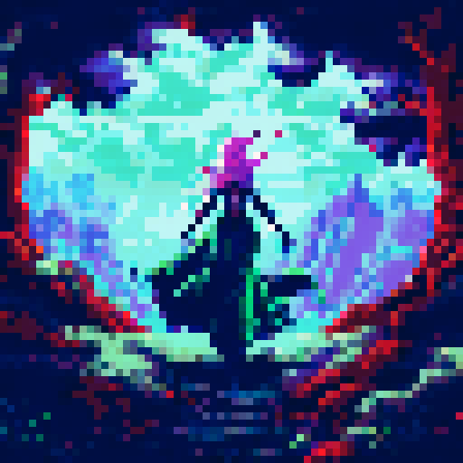 Ethereal elf maiden, adorned in emerald green, stands amidst a desolate pixelated landscape, her once-pristine clothing now torn and stained by the savage attacks of her elven kin