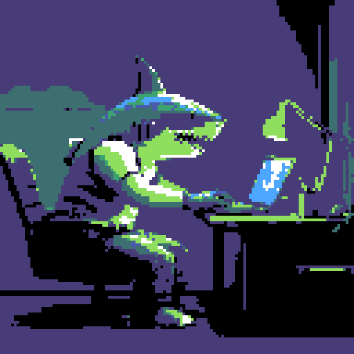 shark, desk, laptop, typing, pixel art, sRGB