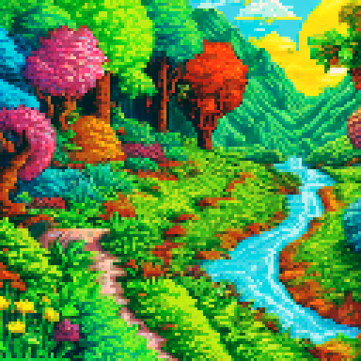 vibrant, colorful, pixelated, sRGB, pixel art, background, landscape, rolling hills, winding river, blooming flowers, towering mountains, lush forests, clear blue sky, fluffy clouds, sparkling waterfalls, peaceful meadows, glowing sunset