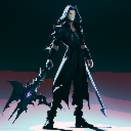 Full-body image of a villain like Sephiroth from FF7 except he has black hair.