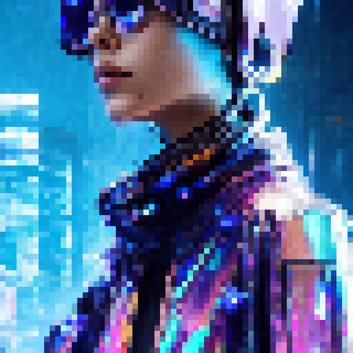 Neon-soaked alleyway, rain-soaked pavement, glitchy augmented reality ads, towering holographic skyscrapers, chrome-plated drones, and a lone figure with a cybernetic arm.