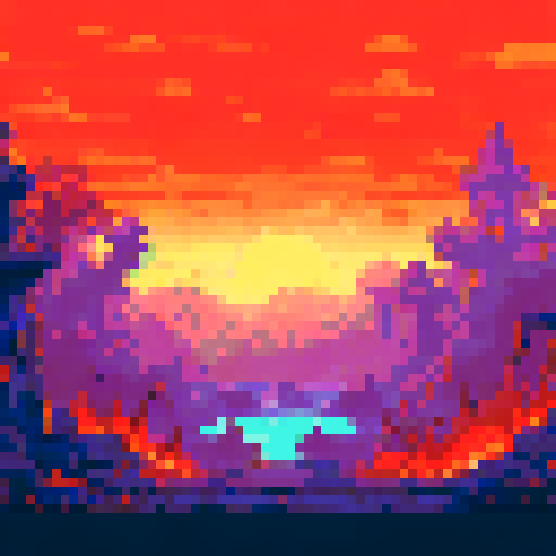 apocalyptic village on fire, burning houses, raging flames, smoke-filled sky, charred debris, crumbling buildings, panicking villagers, fleeing figures, ominous dark clouds, glowing embers, sparks flying, orange and red hues, pixelated landscape, sRGB color palette, pixel art style; 16:9 ratio