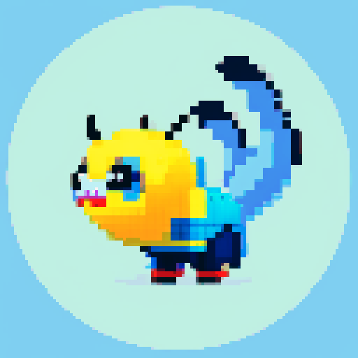 antropomorphic smiling bee, blue pants