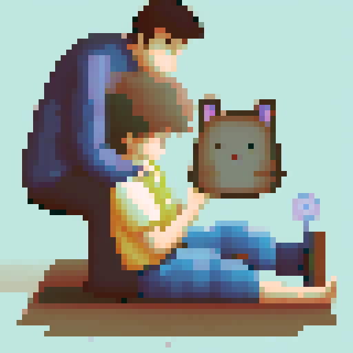 A brown-haired boy, dressed in a blue shirt, sits cross-legged, gently petting a fluffy gray cat in a cozy, retro-style pixel art scene