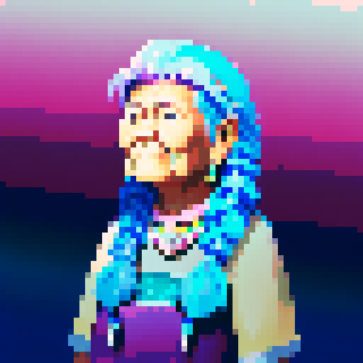 elderly native American woman with purple hair in short braids, and a soft smile