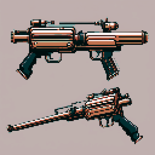 I want a copper rotary machine gun without a stand viewed from from the side. It should have strange mechanical details that could interlock with others. I want this object usable an asset in a videogame, meaning only one object per image, outlined with a strong black stroke, on a solid-color background.